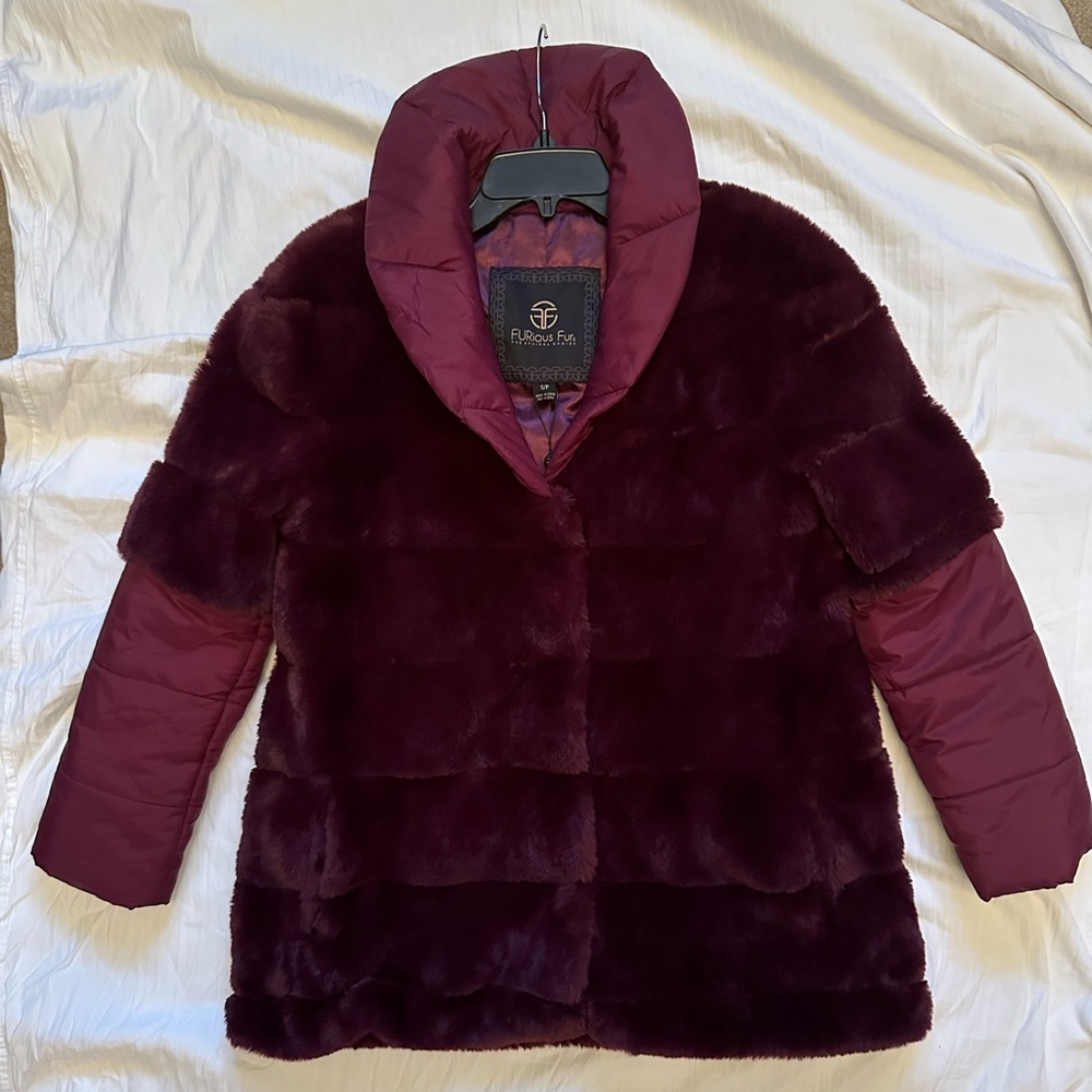 Absolutely stunning New with Tag FURious Fur coat in burgundy